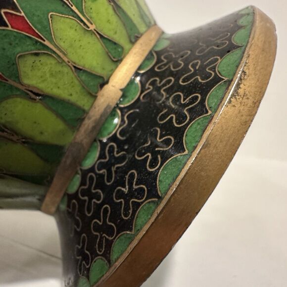 Vintage 70s Chinese Cloisonné Vase Peony & Bird Motif Black Enamel Brass Trim 8” - Picture 9 of 13